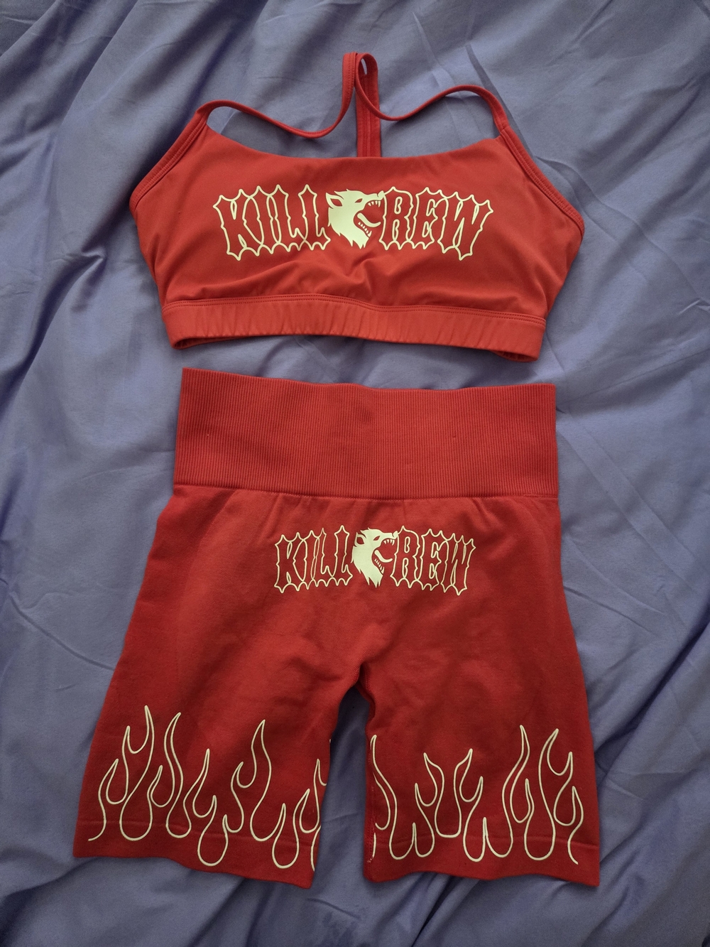 Kill Crew Red Flame-Print Sports Bra & High-Waist Bike Shorts Set